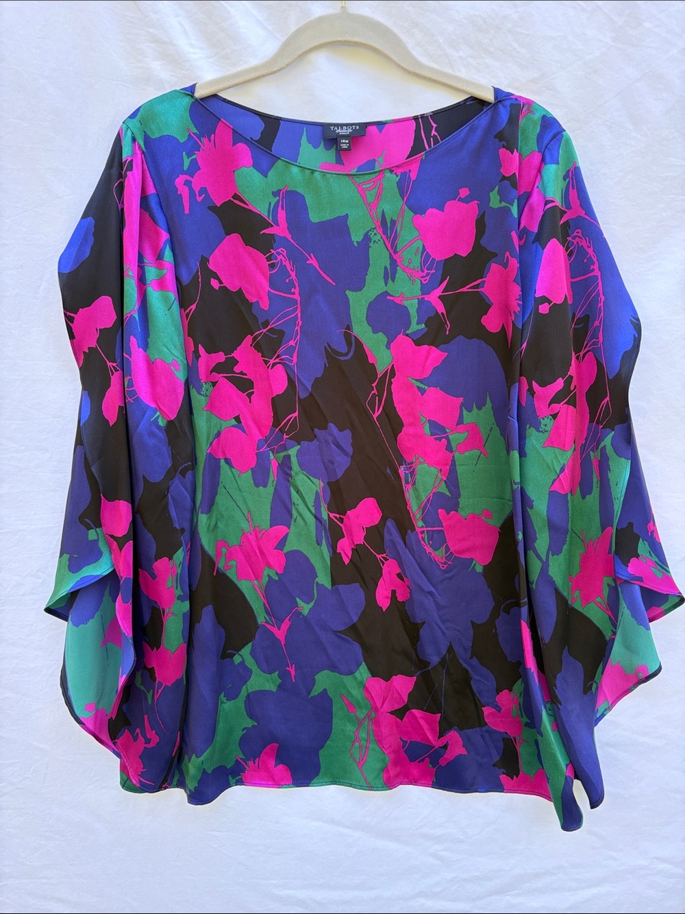 Talbots Multicolor Floral Satin Blouse in Fuchsia, Blue, Black, & Green